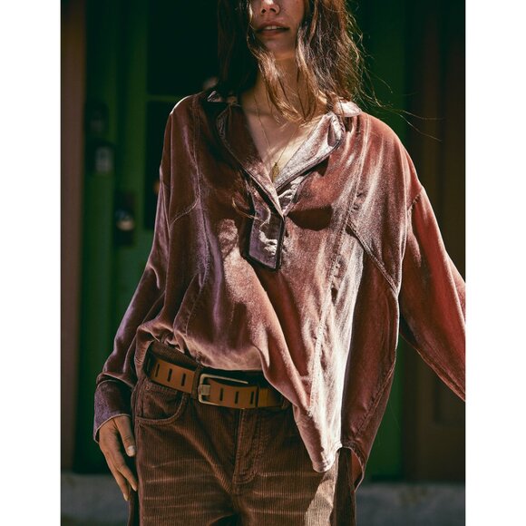 FREE PEOPLE NWT We The Free Luxy Solid Velvet Shirt / Cedar Wood - Picture 6 of 12
